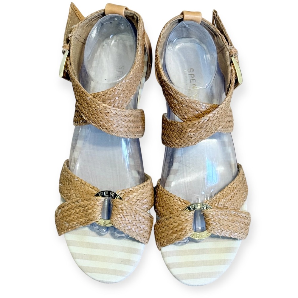 Sperry Topsider Alvina Wedge Sandals‎ Tan Woven Straps Striped Espadrille Size 9